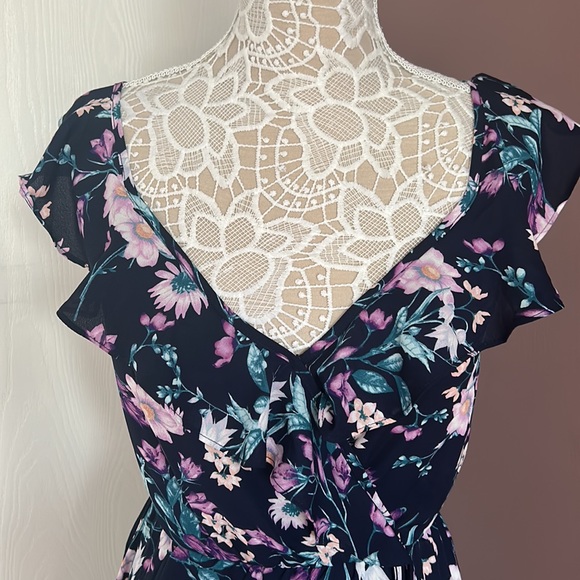 SOCIALITE - Ruffle Trim Wrap Dress - Navy Purple Floral - Summer Dress - Picture 7 of 11